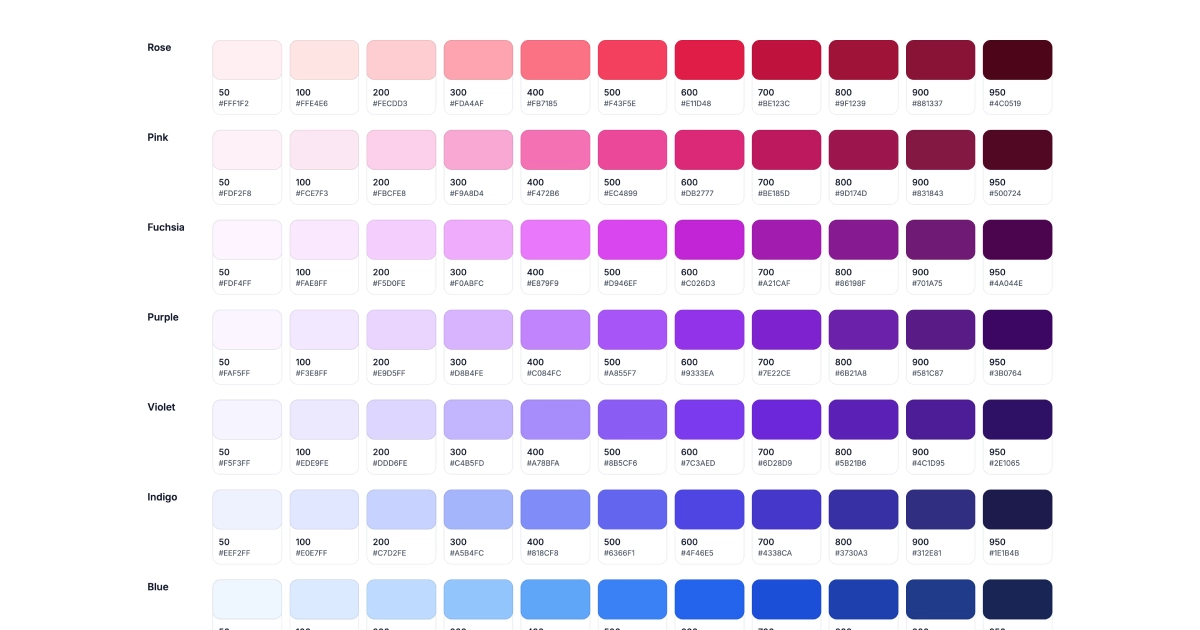 Screenshot of the Htmlwind colors tool with color swatches and value codes